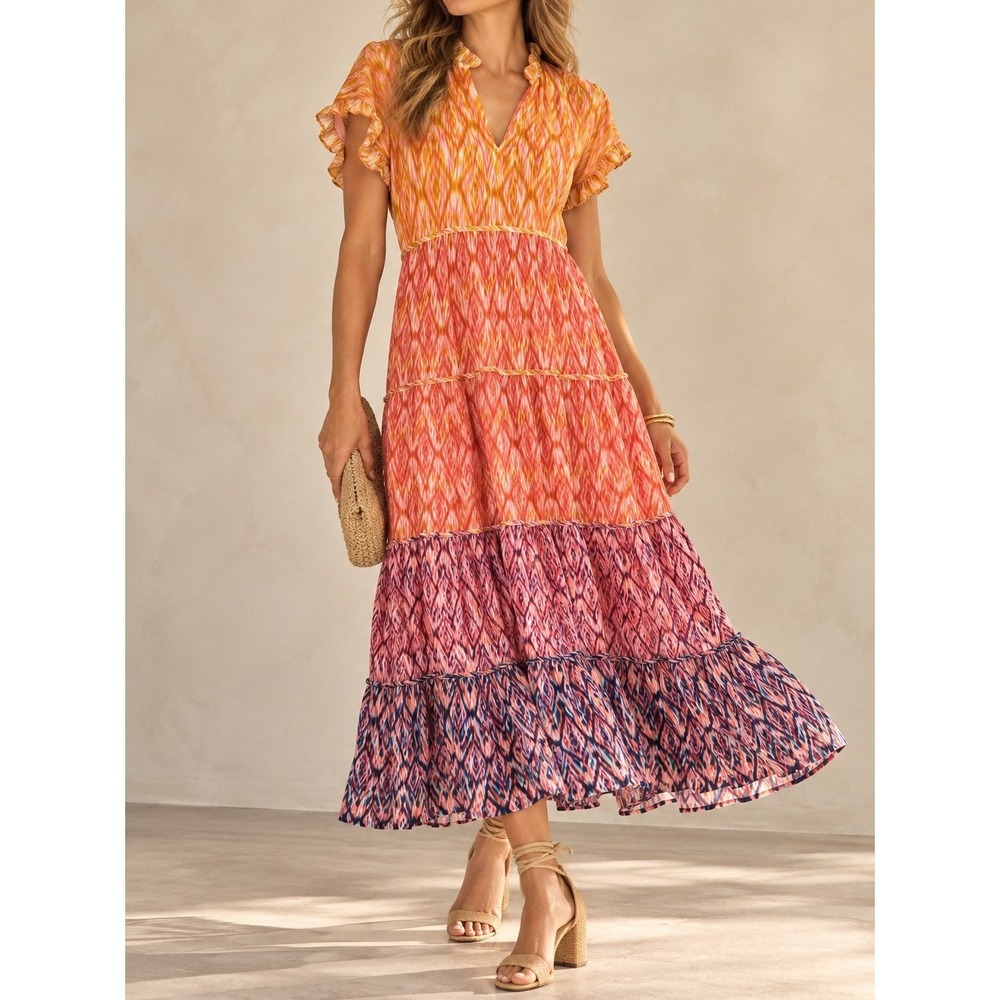 Marie Oliver Silk Blend Ikat Tiered Maxi Dress Orange Pink Blue Medium